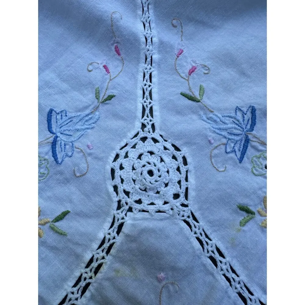 Vintage Hand Embroidered Tablecloth White floral pink blue beautiful cut out